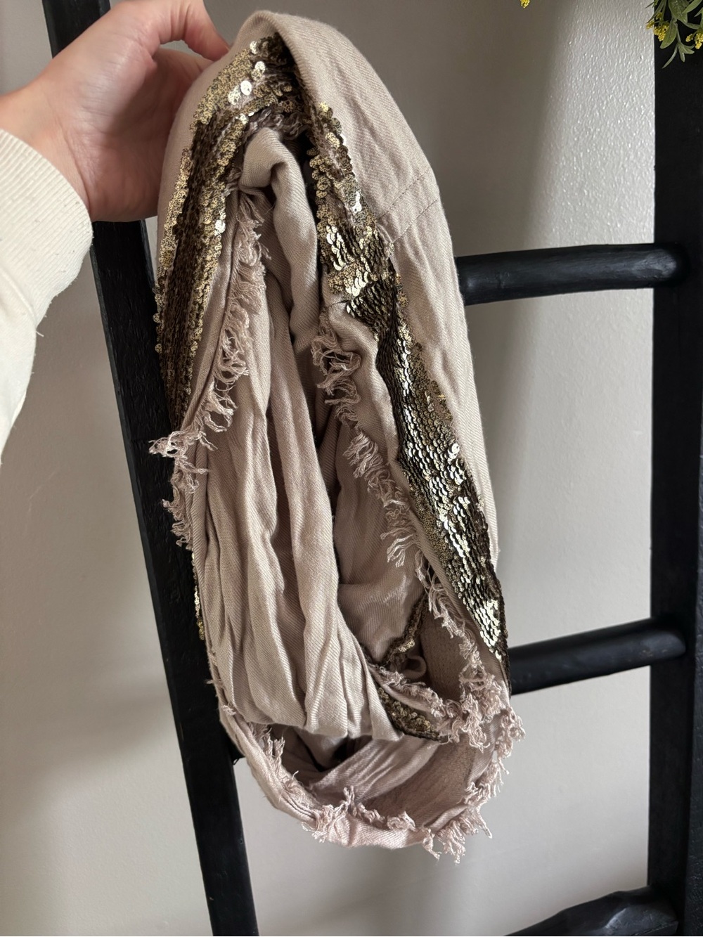 BCBGMaxAzria Beige Scarf with Gold Sequin Trim
